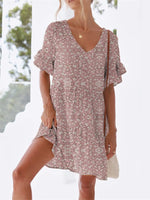 Polka Dot V-Neck Short Sleeve Mini Dress - Ladyez