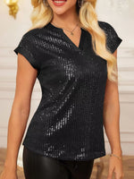 Sequin Notched Cap Sleeve Blouse