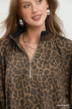 Umgee Leopard Print Quarter Zip Puff Sleeve Mini Dress