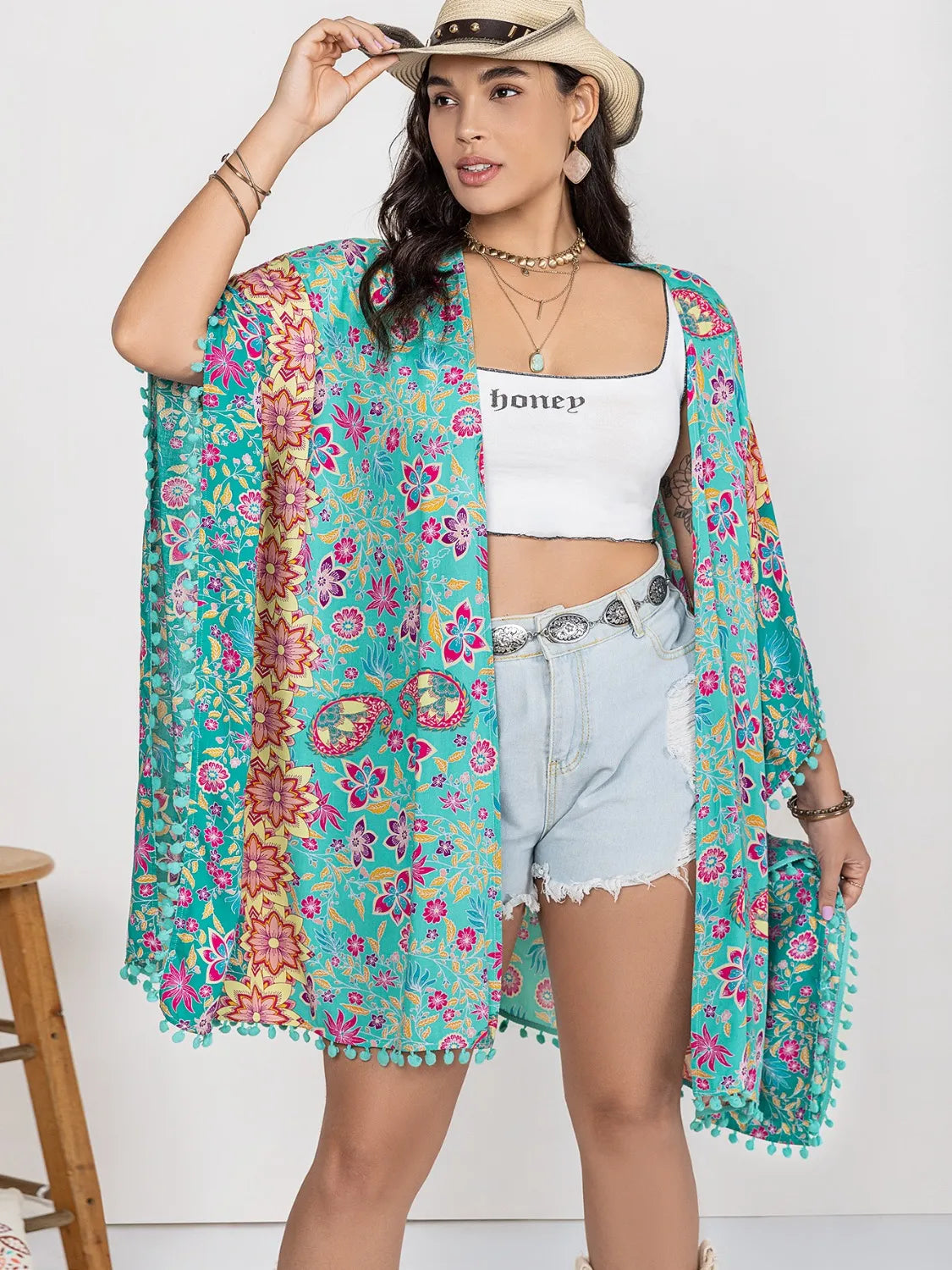 Plus Size Printed Open Front Cover-Up - Ladyez