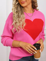 Valentine's Day Heart Round Neck Dropped Shoulder Sweater