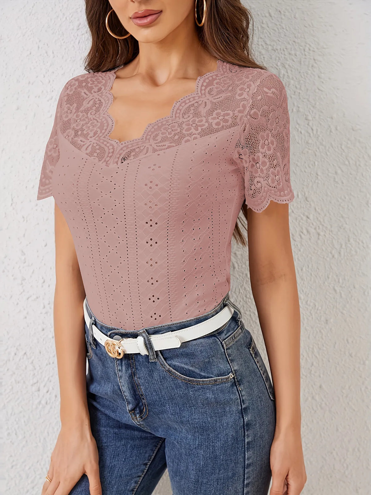 Lace Trim Eyelet Embroidered Summer T-Shirt - Ladyez