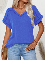 Exposed Seam V-Neck Short Sleeve Top