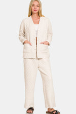 Zenana Quilted Button Up Long Sleeve Top and Pants Lounge Set - Ladyez