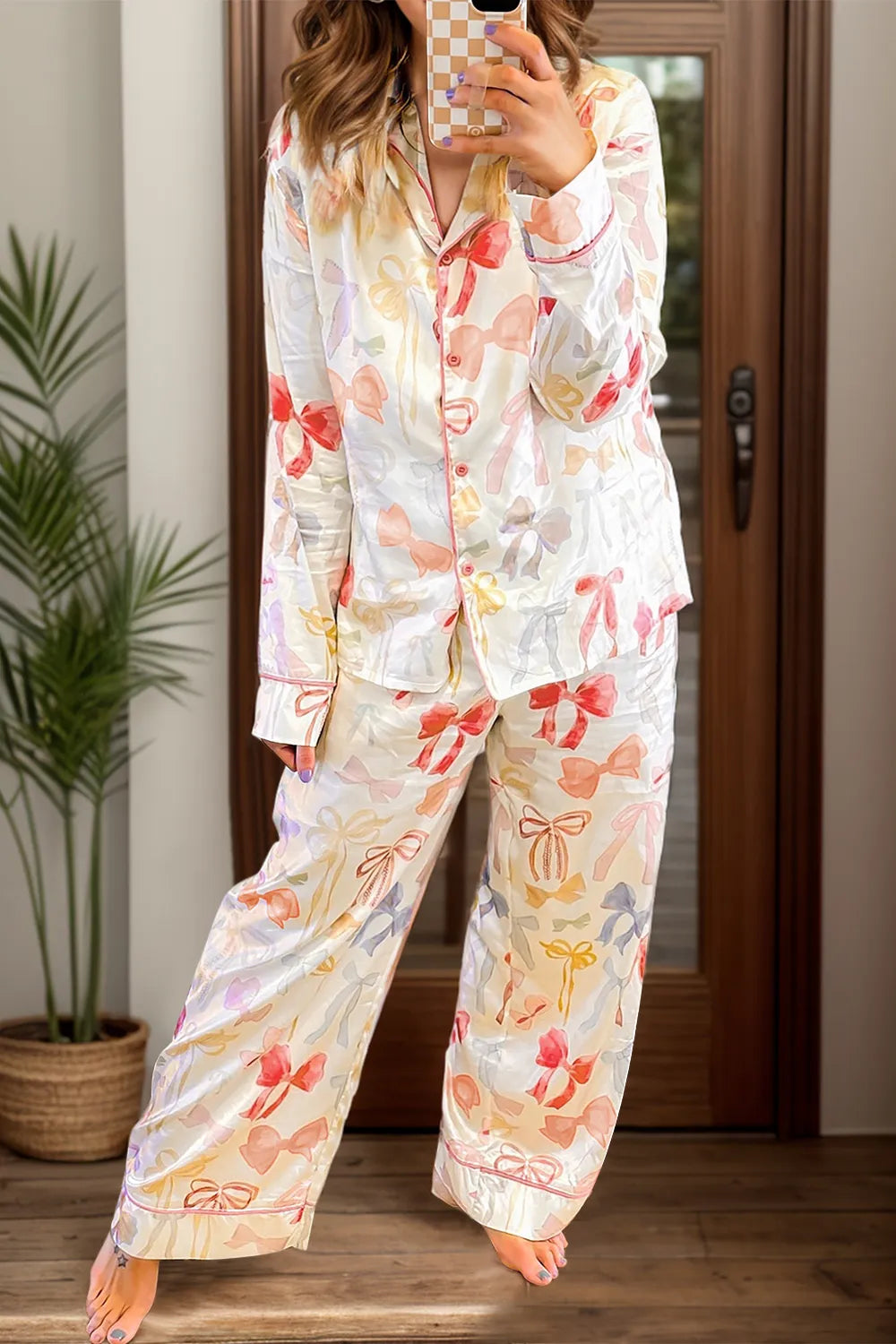 Bow Print Collared Neck Long Sleeve Top and Pants Lounge Set - Ladyez