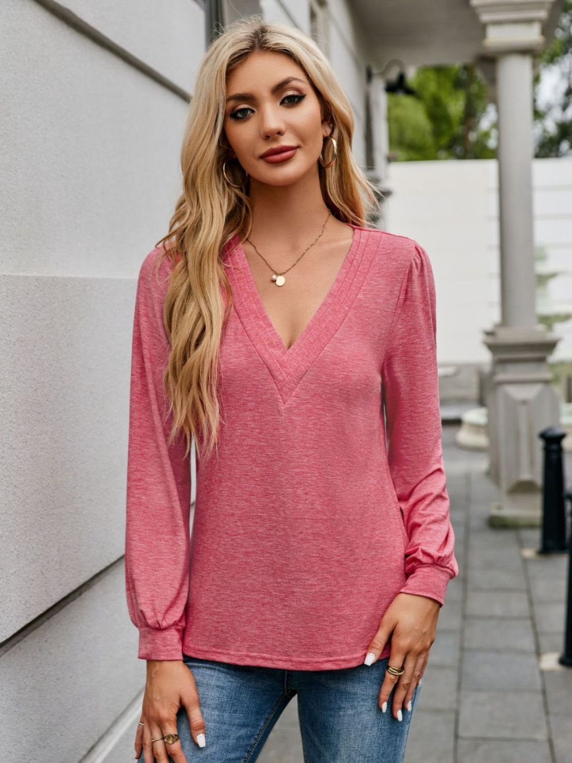 V-Neck Long Sleeve T-Shirt - Ladyez