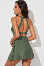 Halter Neck Open Back Swim Dress - Ladyez