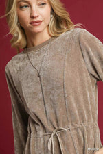 Umgee Velour Drawstring Mini Dress with Long Sleeves