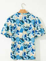Floral Print Short Puff Sleeve V Neck Blouse