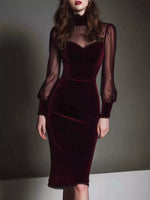 Velvet Bodycon Dress with Sheer Mesh Sleeves