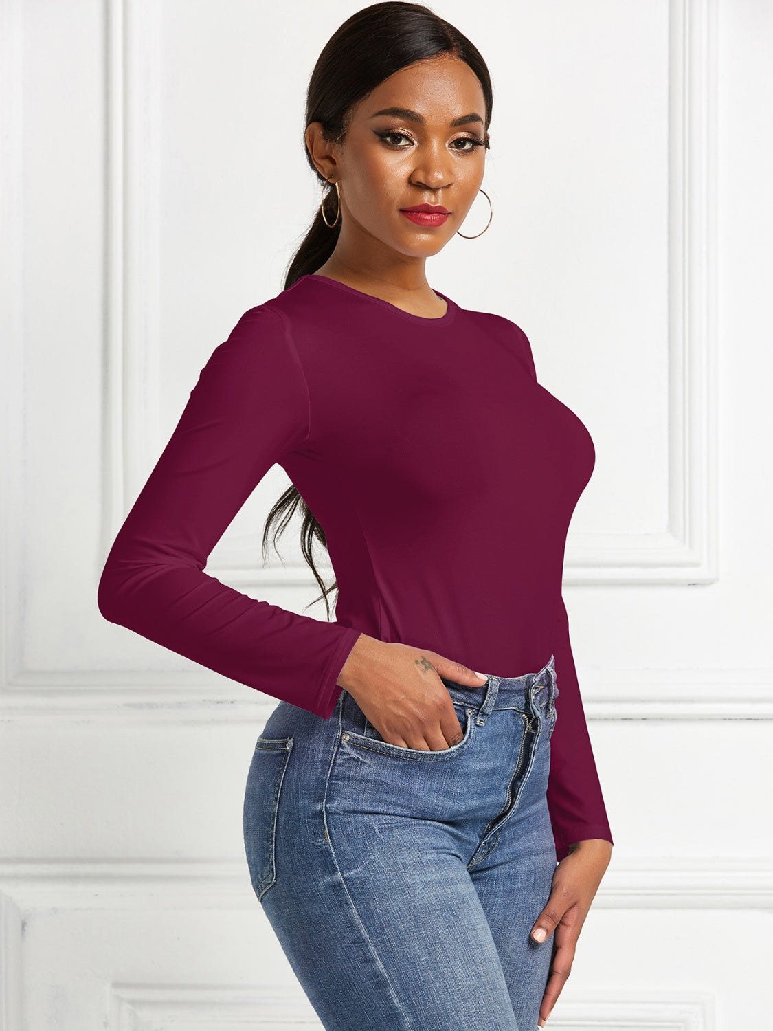 Round Neck Long Sleeve Bodysuit - Ladyez