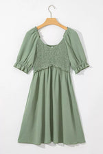 Short Sleeve Shirred Waist V-Neck Textured Mini Dress