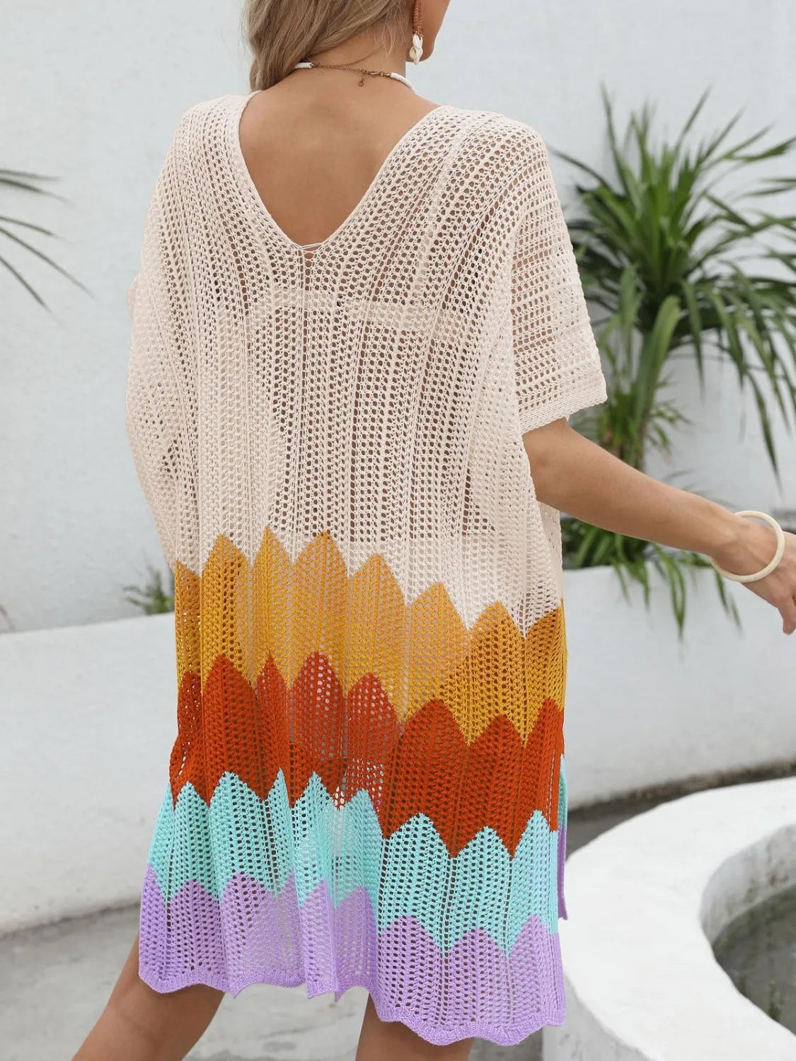 Openwork V-Neck Half Sleeve Cover-Up - Ladyez