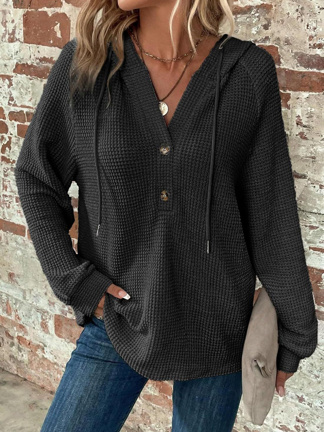 Waffle Knit Long Sleeve Drawstring Hooded Top - Ladyez