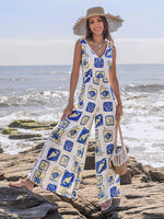 Printed V-Neck Wide Leg Jumpsuit - Ladyez