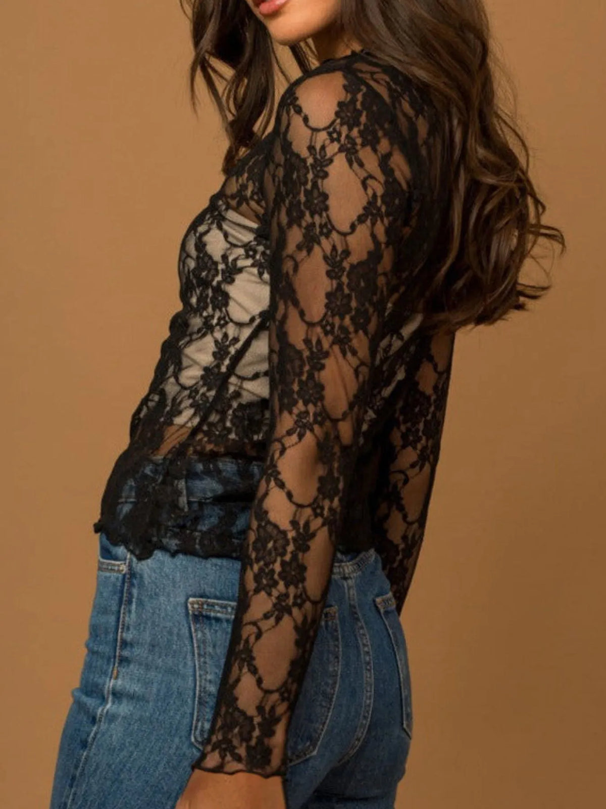 Mesh Floral Lace Long Sleeve T-Shirt - Ladyez