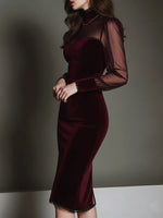 Velvet Bodycon Dress with Sheer Mesh Sleeves