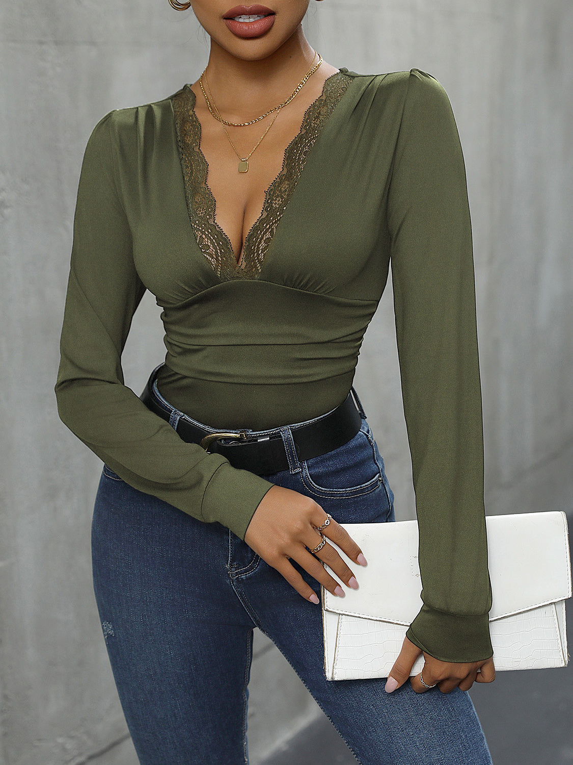 Perfee Lace Detail Plunge Long Sleeve Bodysuit - Ladyez