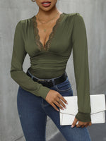 Perfee Lace Detail Plunge Long Sleeve Bodysuit - Ladyez
