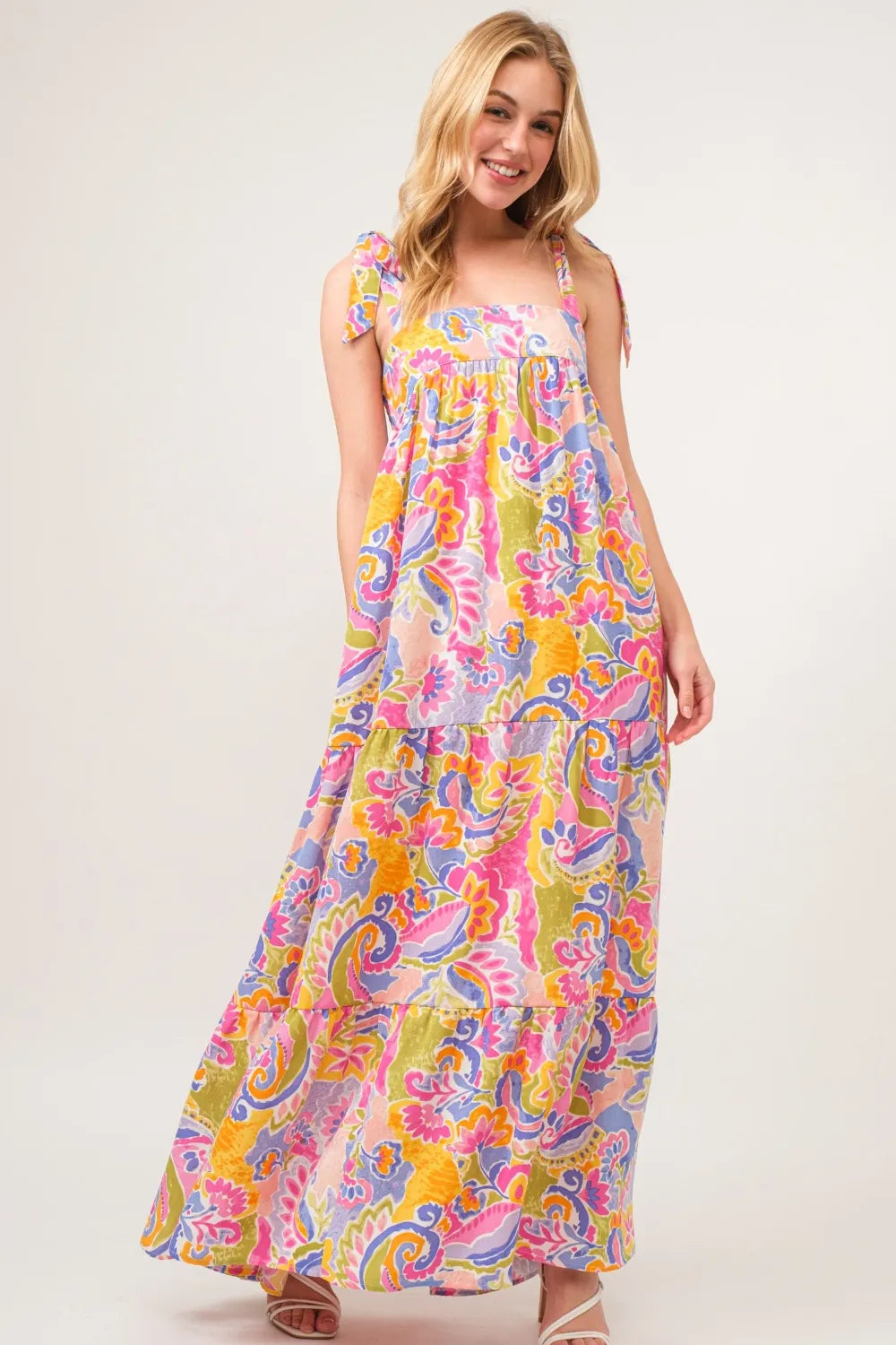 And The Why Full Size Printed Tie Shoulder Tiered Maxi Dress - Ladyez