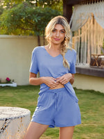 V-Neck Short Sleeve Top and Pocketed Shorts Lounge Set - Ladyez