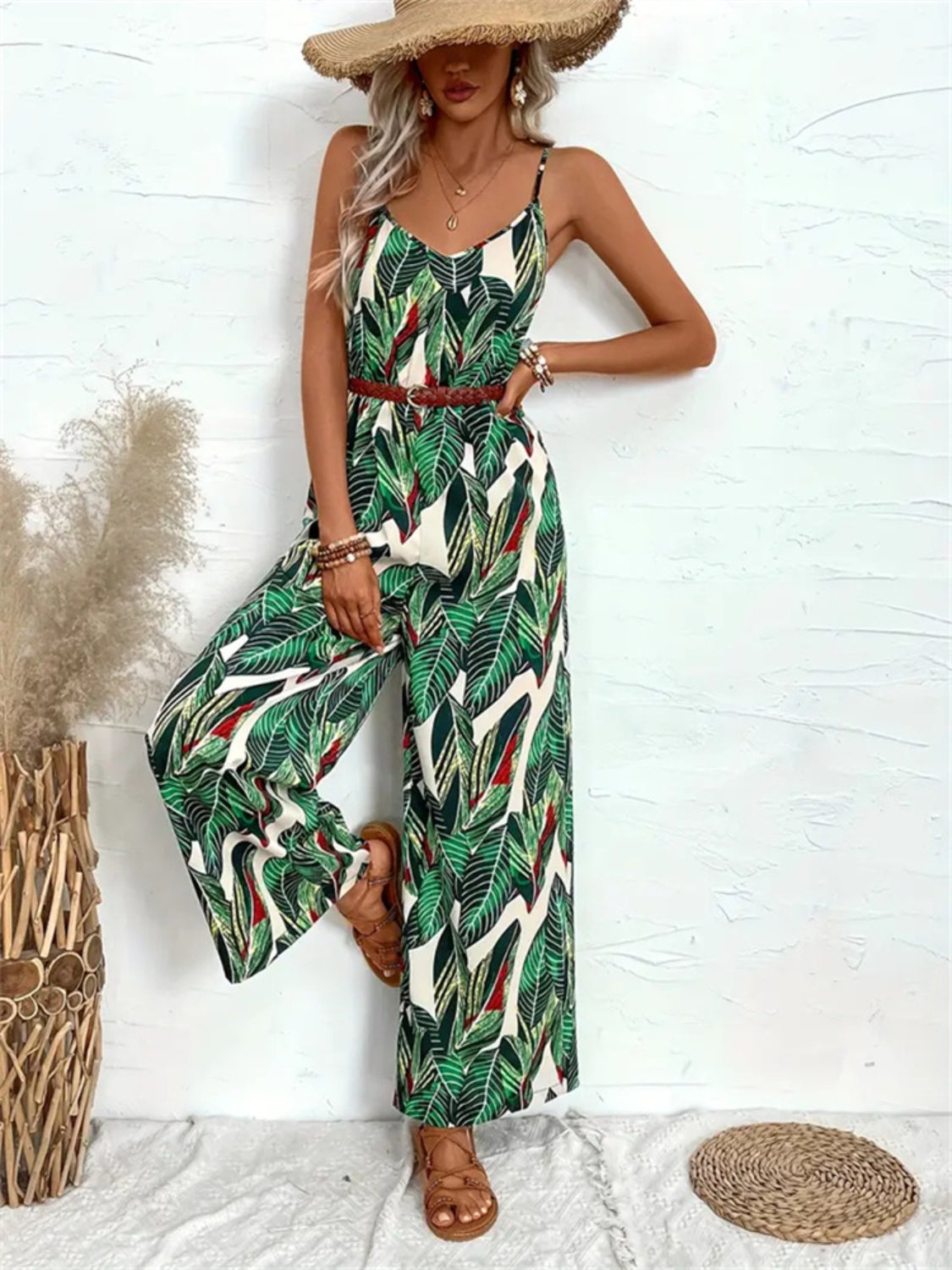Tropical Print Spaghetti Strap Wide Leg Jumpsuit - Ladyez