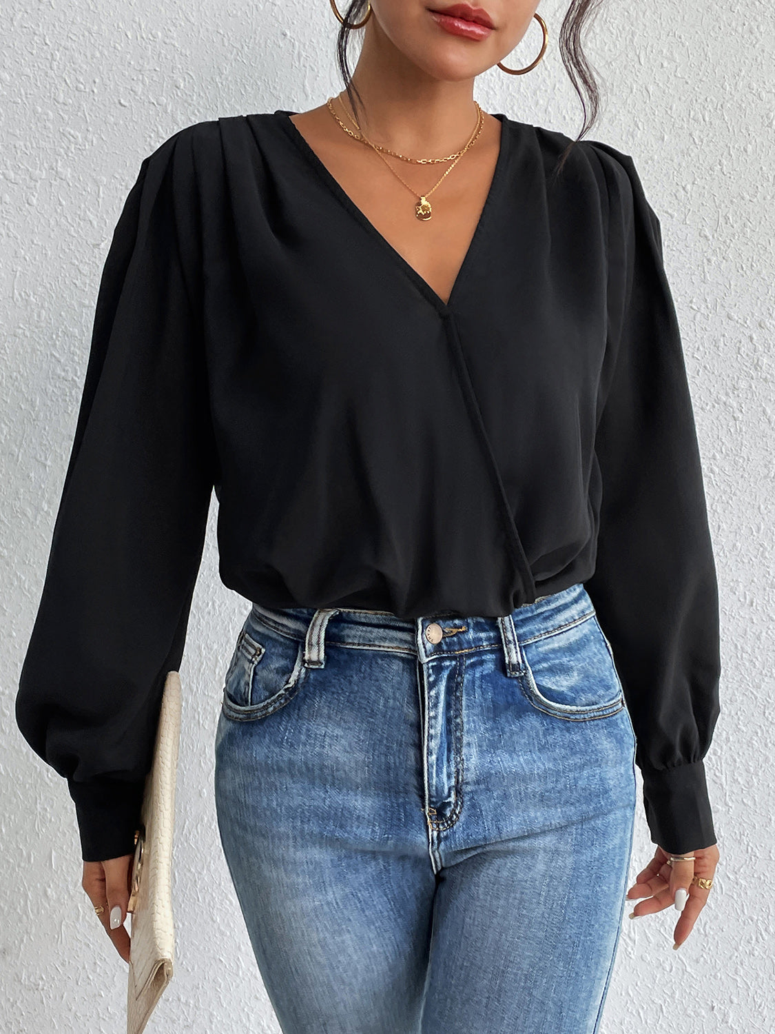 Perfee Surplice Ruched Long Sleeve Bodysuit - Ladyez