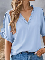 Ruffled V-Neck Short Sleeve Blouse - Ladyez