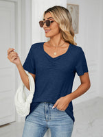 Ruched V-Neck Short Sleeve T-Shirt - Ladyez