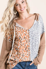 BiBi Popcorn Waffle Knit Hoodie with Print Block Front