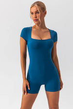 Square Neck Cap Sleeve Active Romper - Ladyez
