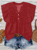 Polka Dot Notched Ruffled Cap Sleeve Blouse