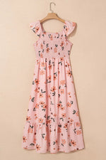 Ruffled Smocked Cap Sleeve Printed Maxi Dress