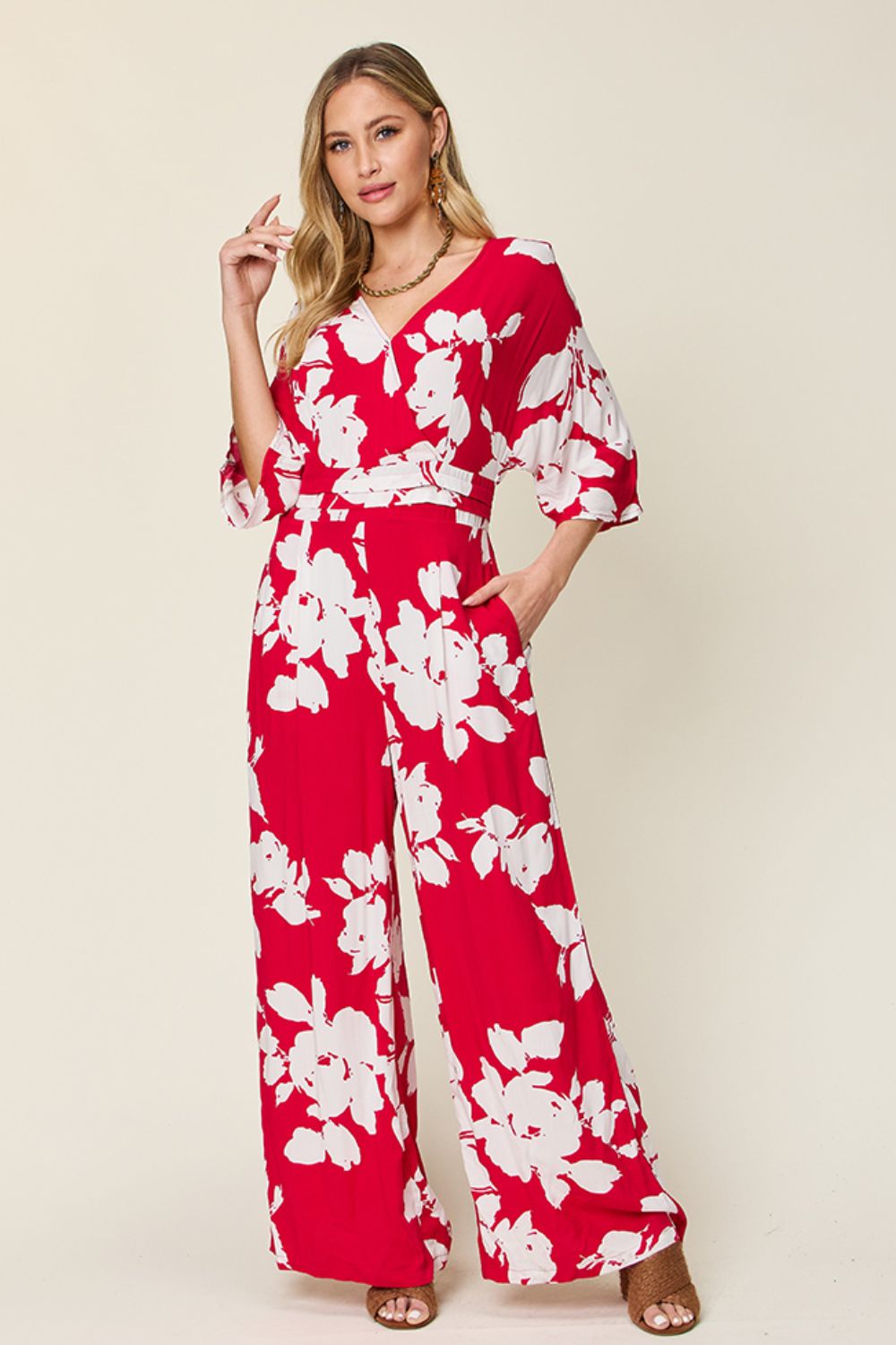 Double Take Full Size Printed Tie Back Wide Leg Jumpsuit - Ladyez