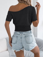Openwork Single Shoulder Short Sleeve Knit Top