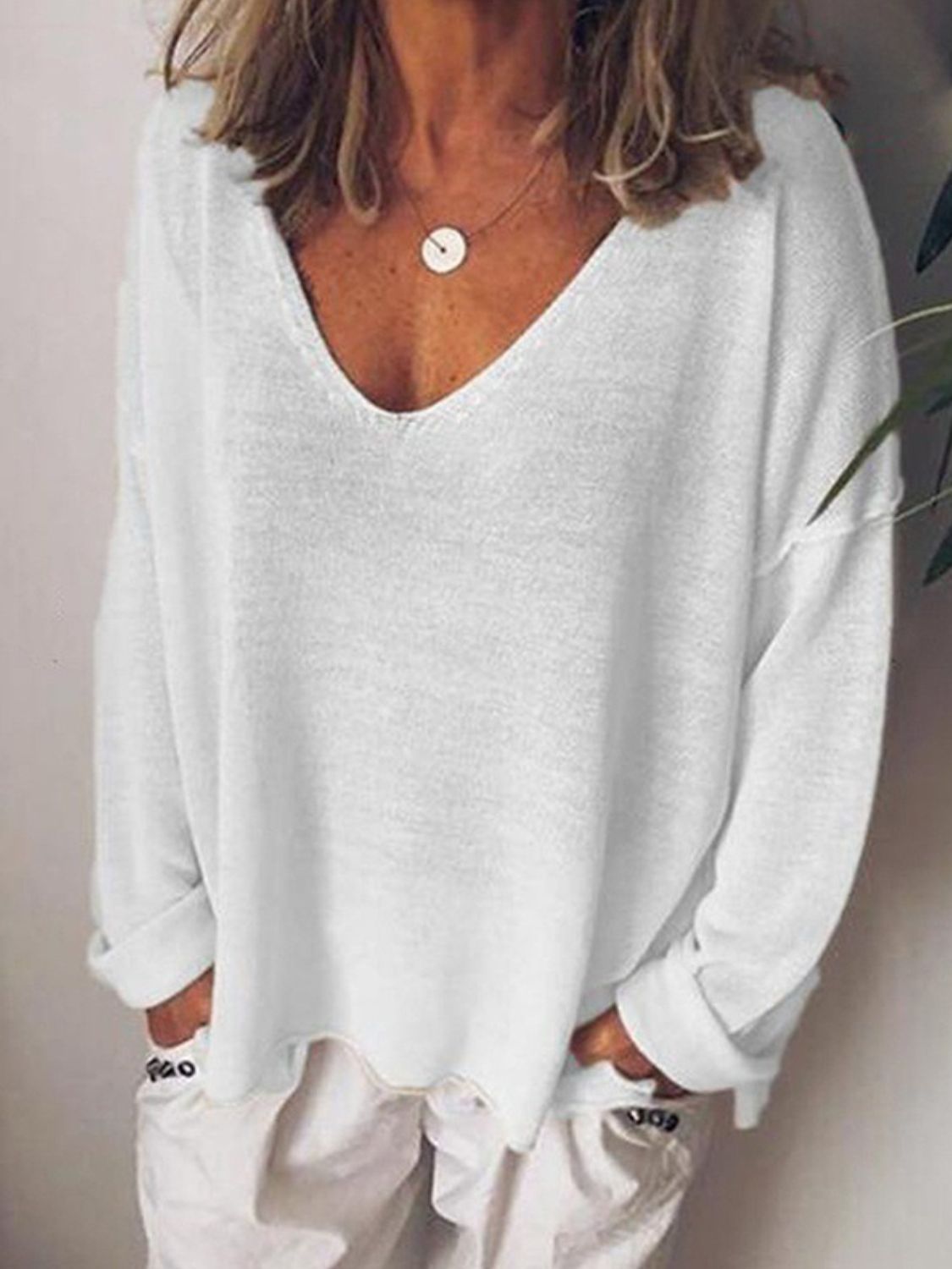 Full Size V-Neck Drop Shoulder Long Sleeve T-Shirt Plus Size - Ladyez