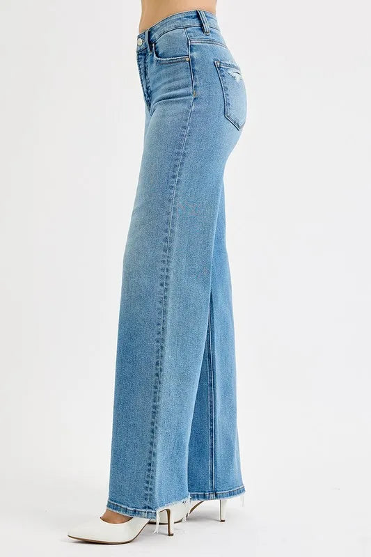RISEN Full Size Distressed Wide Leg Jeans Plus Size - Ladyez