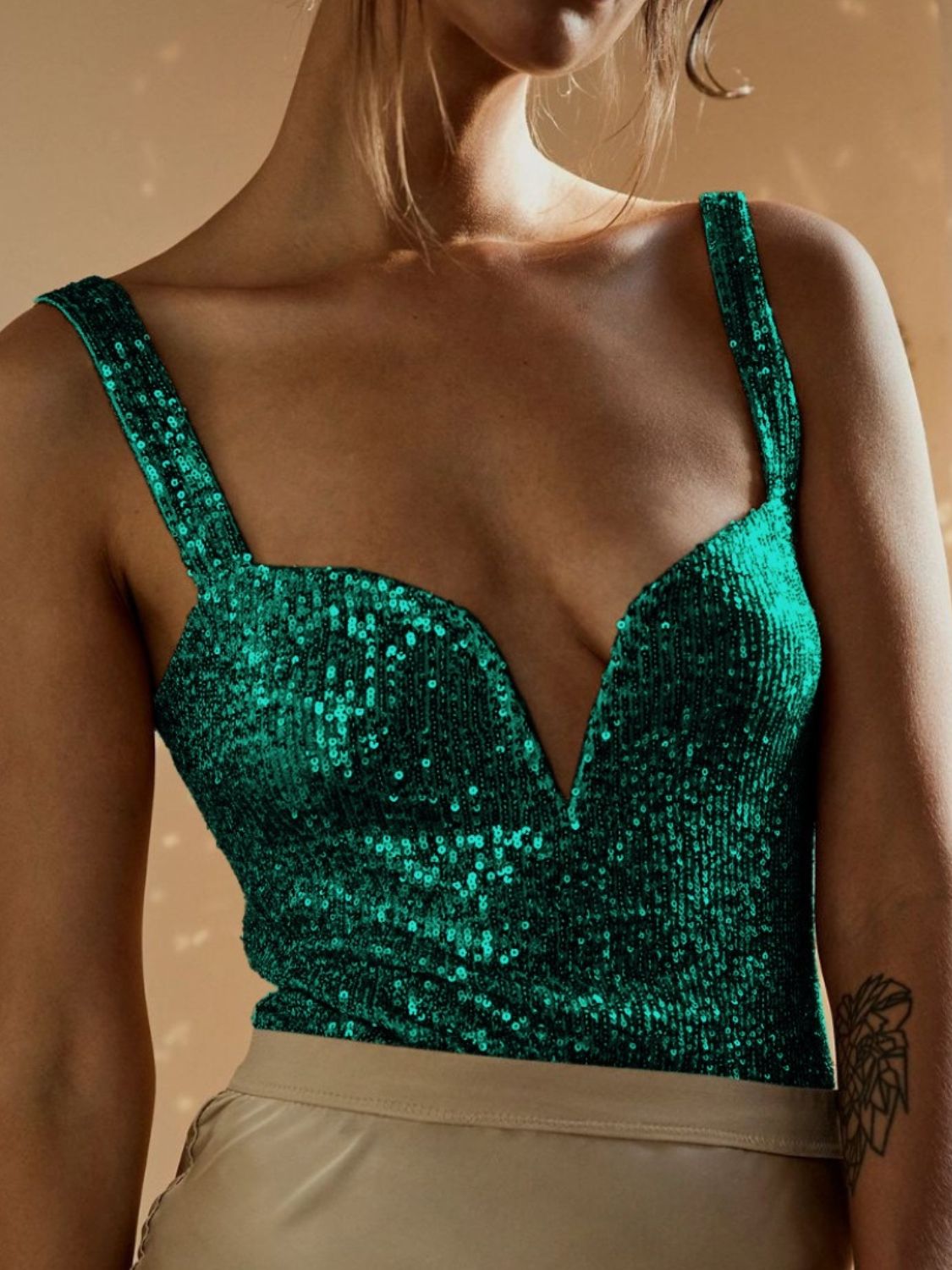 Sequin Wide Strap Bodysuit - Ladyez