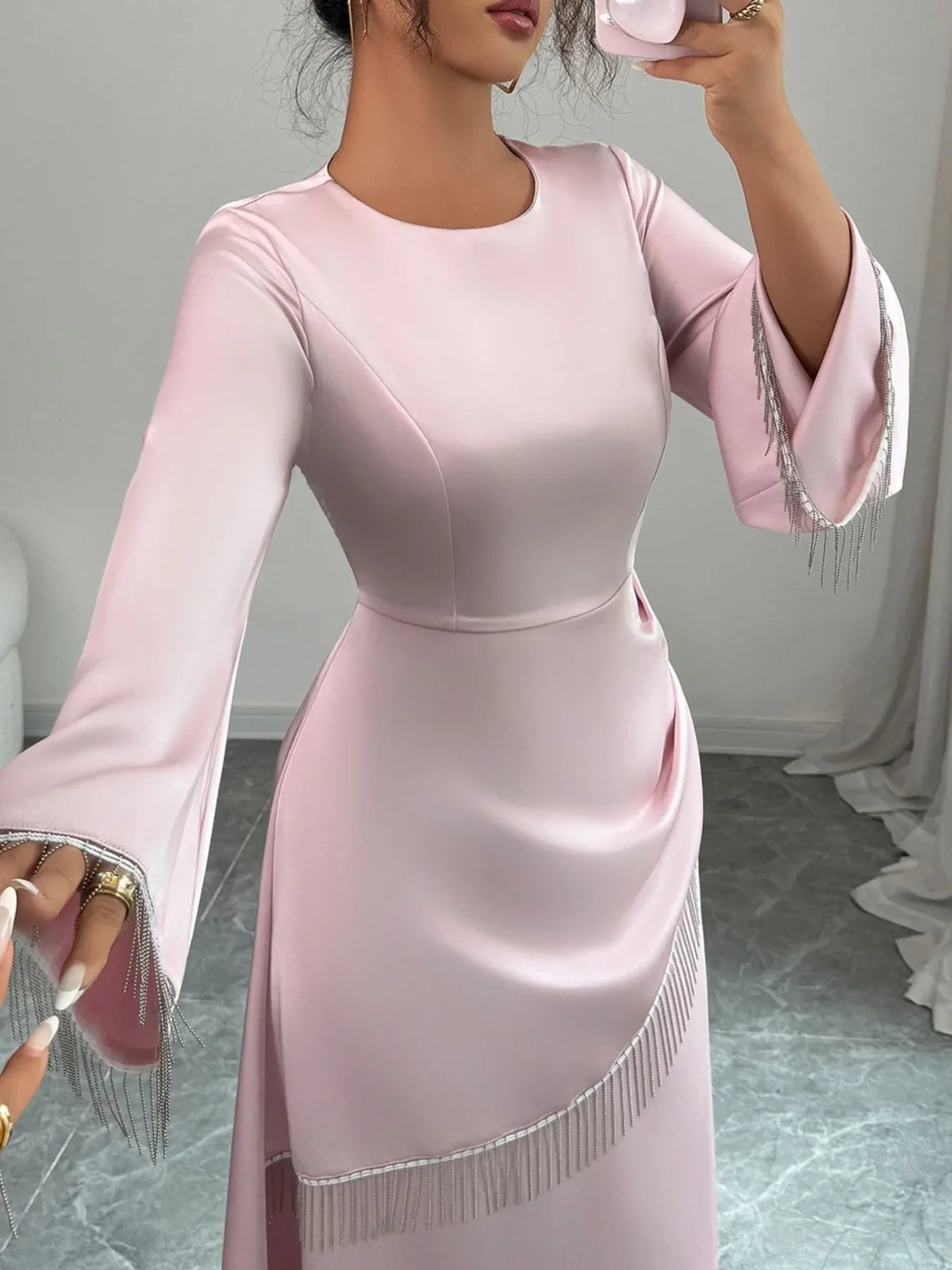 Fringe Long Sleeve Bodycon Maxi Dress