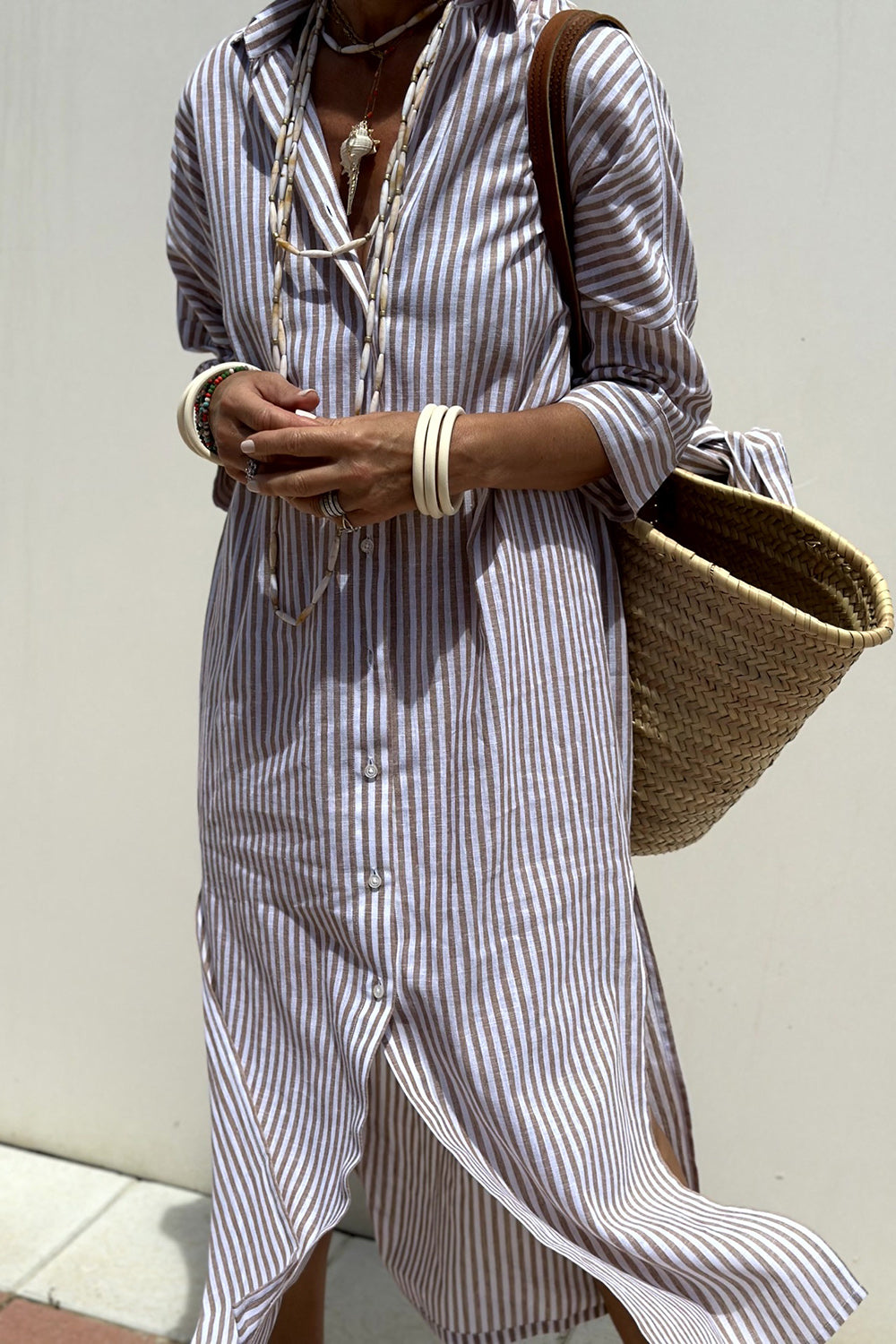 Tied Button Up Three-Quarter Sleeve Dress - Ladyez