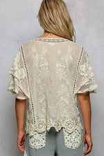 POL Floral Crochet V-Neck Short Sleeve Blouse with Scalloped Hem
