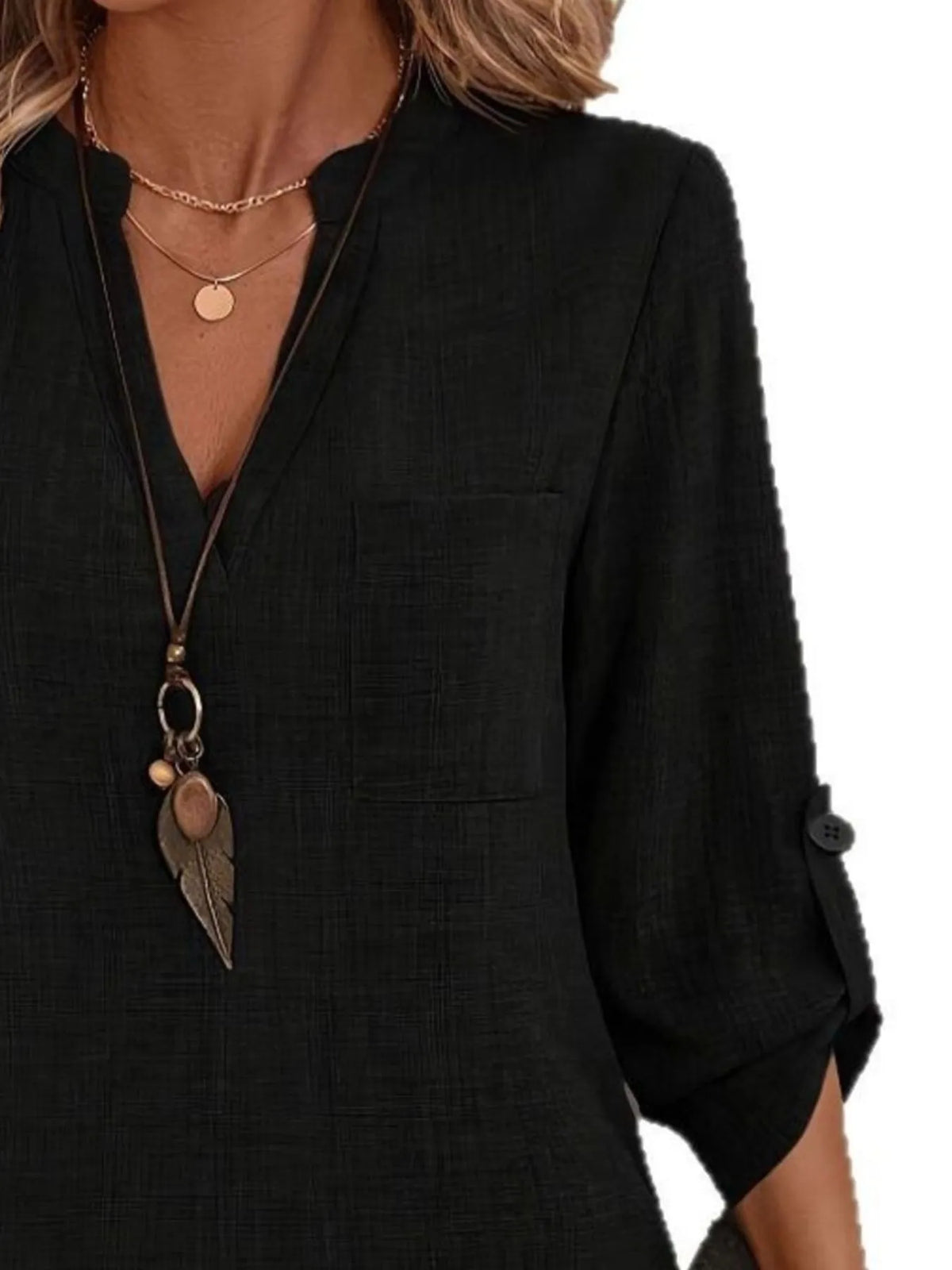 Notched Roll-Tab Sleeves Blouse - Ladyez