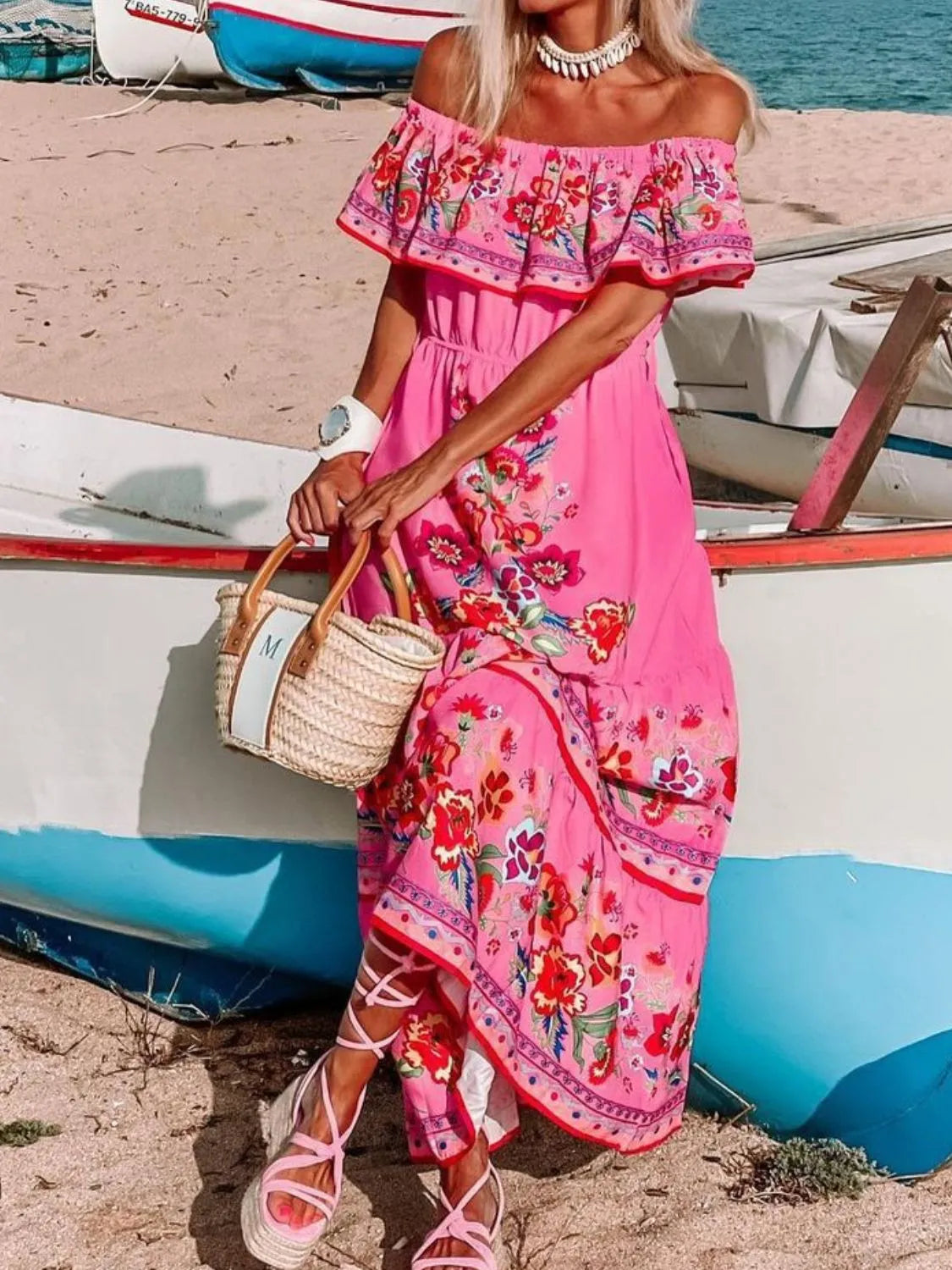 Floral Off Shoulder Ruffle Maxi Dress - Ladyez