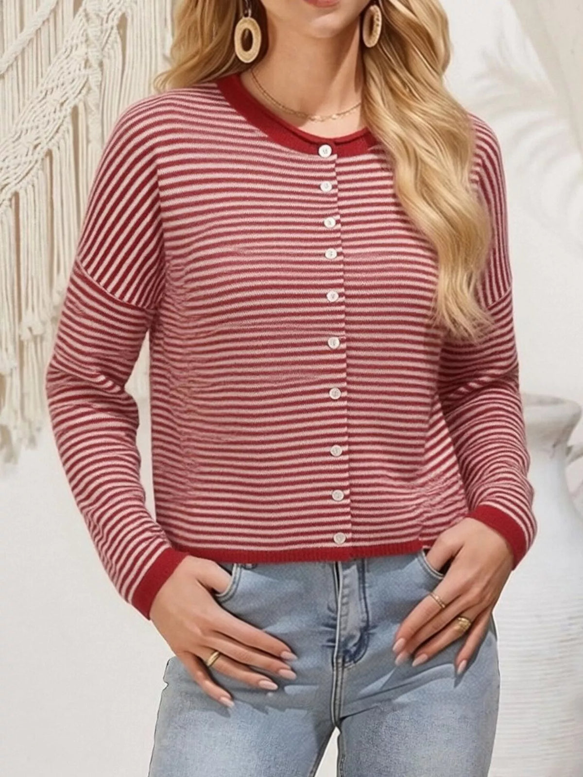 Button-Down Striped Knit Cardigan