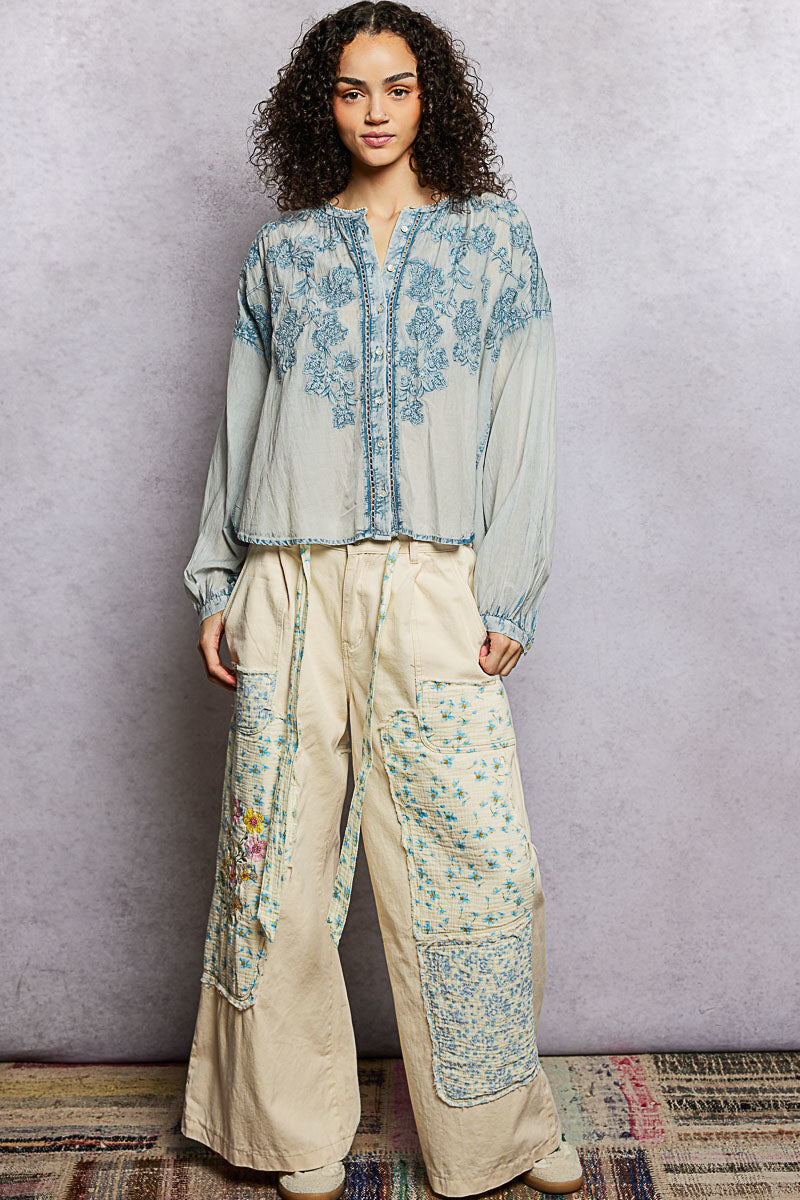 POL Floral Embroidered Button Down Long Sleeve Shirt
