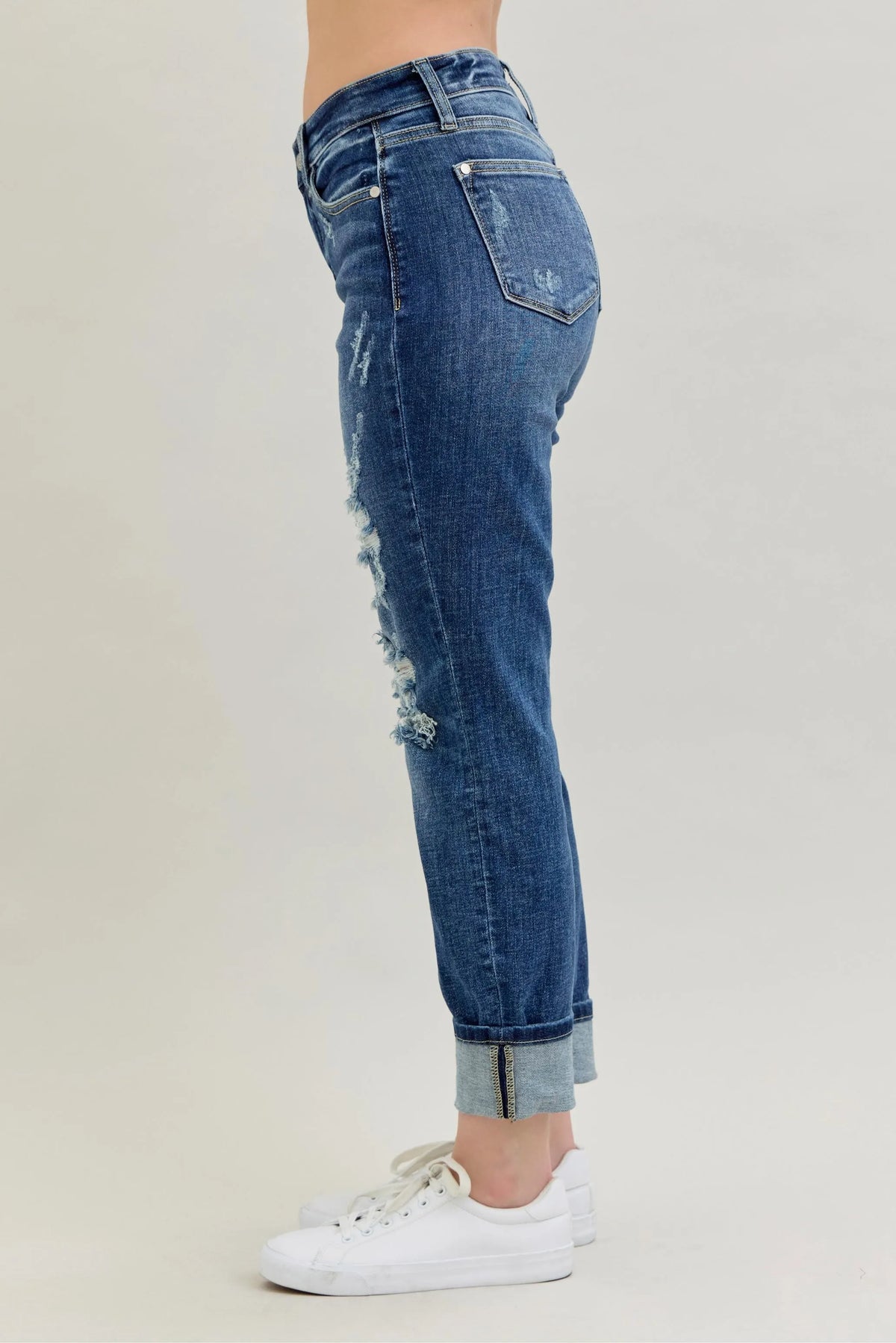 Judy Blue Full Size Mid Rise Cuffed Destroy Bf Jeans Plus Size - Ladyez