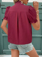Embroidered Frill Notched Short Sleeve Blouse - Ladyez