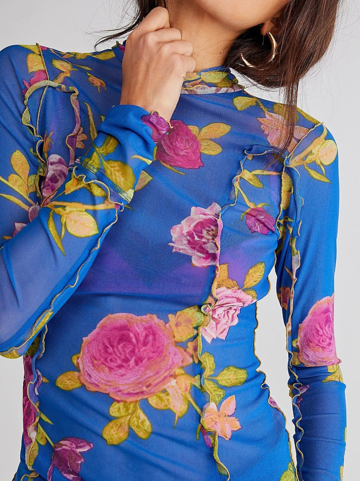 Floral Print Mock Neck Long Sleeve Top - Ladyez