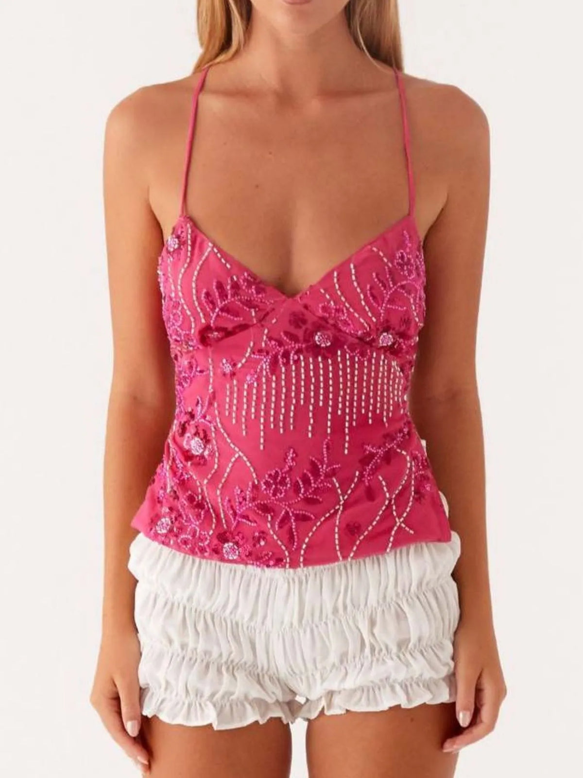 Crisscross Back V-Neck Cami - Ladyez