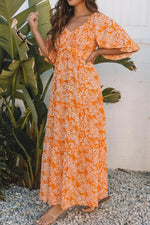 Floral Print Smocked V Neck Wide Sleeve Maxi Dress